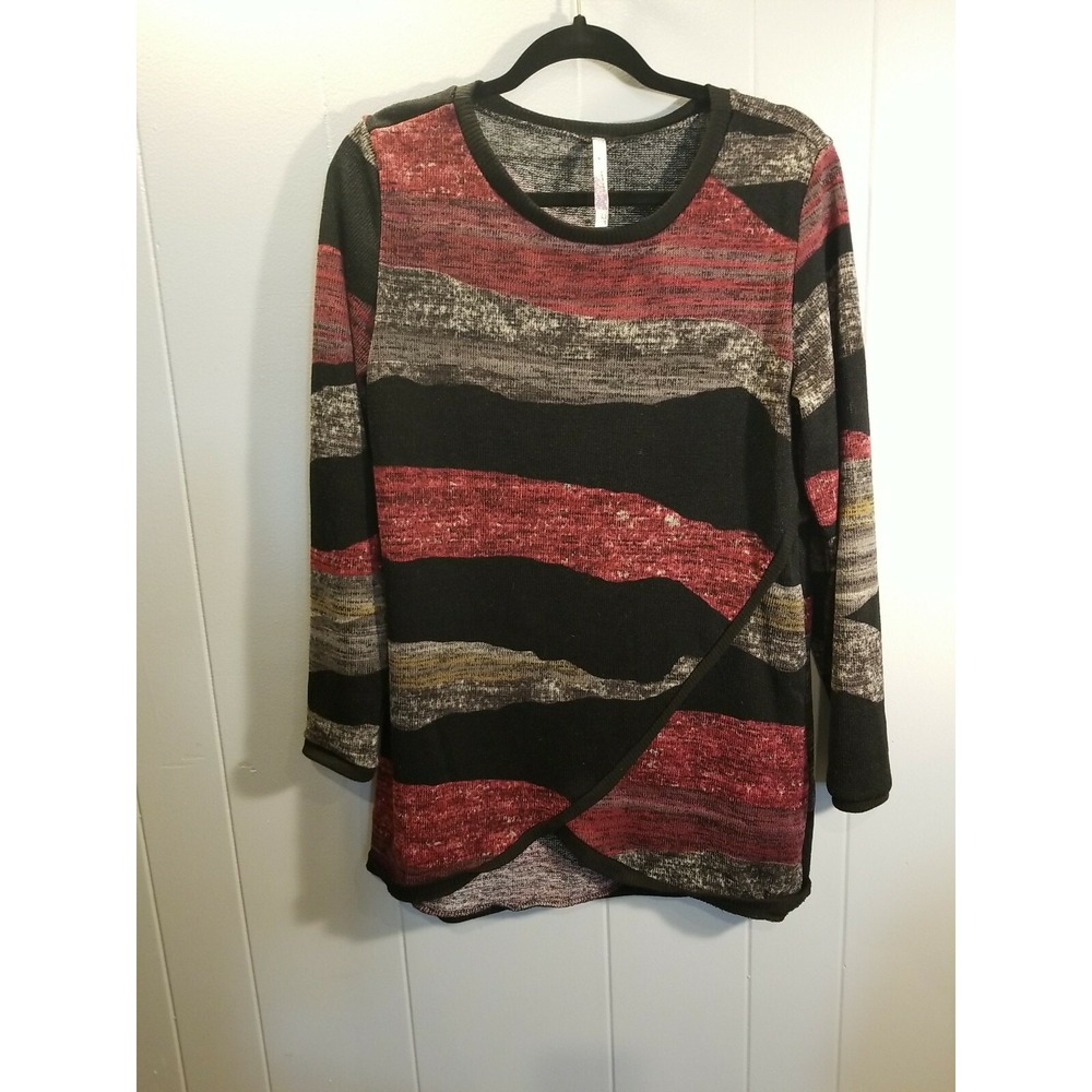 Harmony  WomansL (USA) Black  Multi Color Tunic Sweater Cross Over Art To Wear‎
